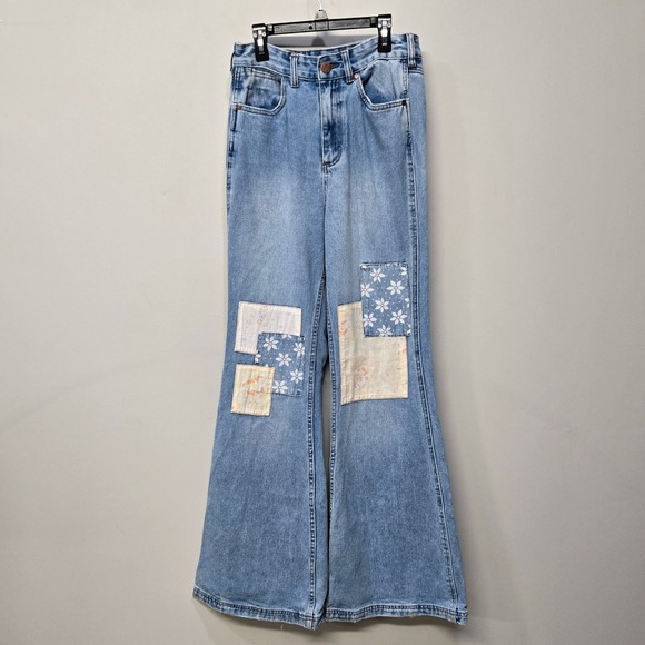 Wrangler x Billabong Women Bell Bottom Flare Jeans 27 Floral Patchwork Retro 70s - Picture 1 of 9